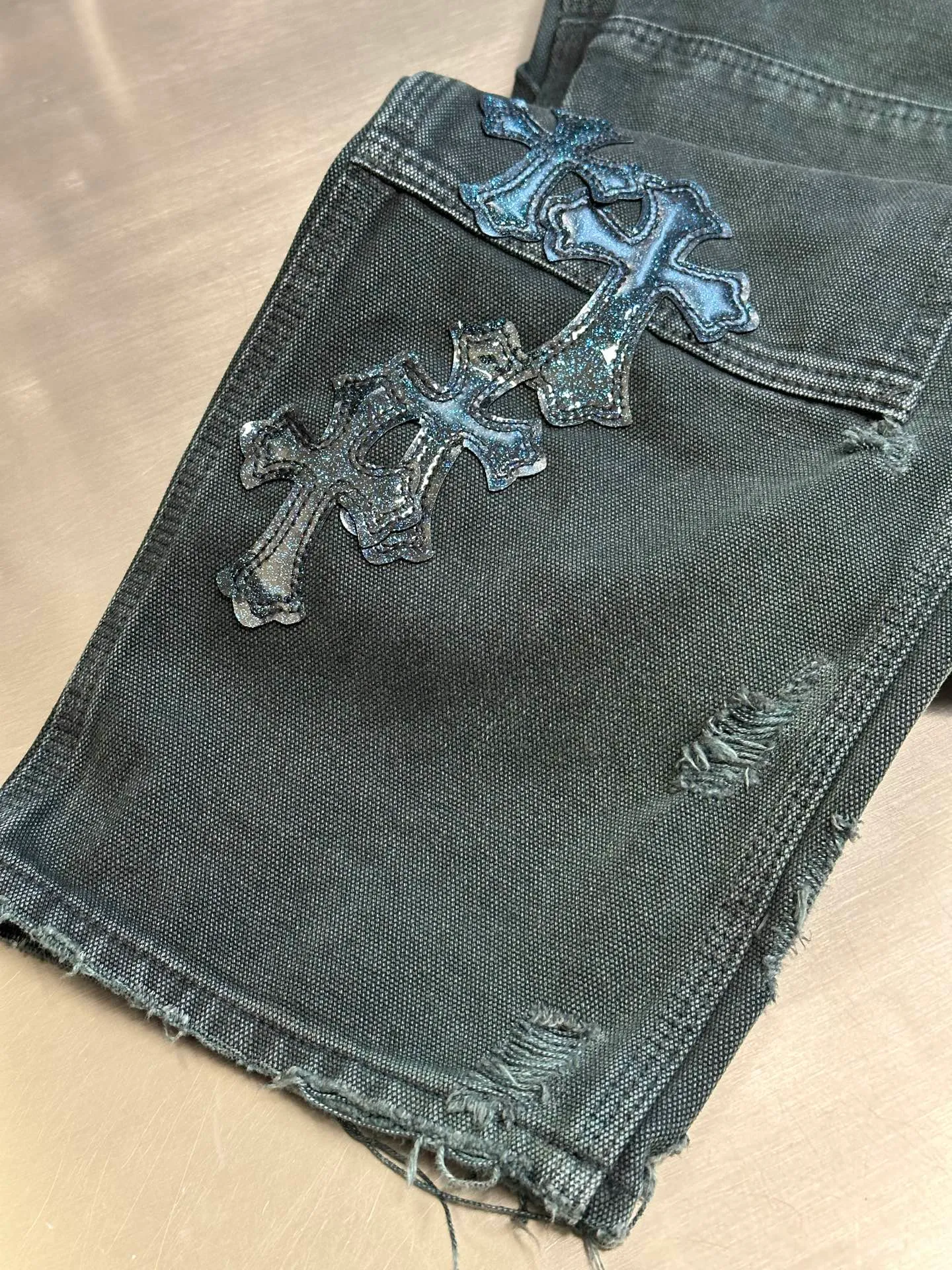 🅿️590 Crow Heart Cross Starry Sky Pastel Leather Jeans size: 31.32.33.34